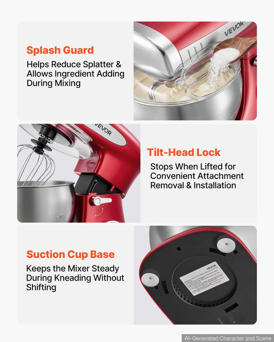 7.4 Qt Tilt Head Stand Mixer 500W Electric Dough Mixer, 6 Speeds With Pulse Food Kitchen Mixer With Stainless Steel Bowl, Splash Guard, Dough Hook, Whisk, Beater, For Baking Mixing