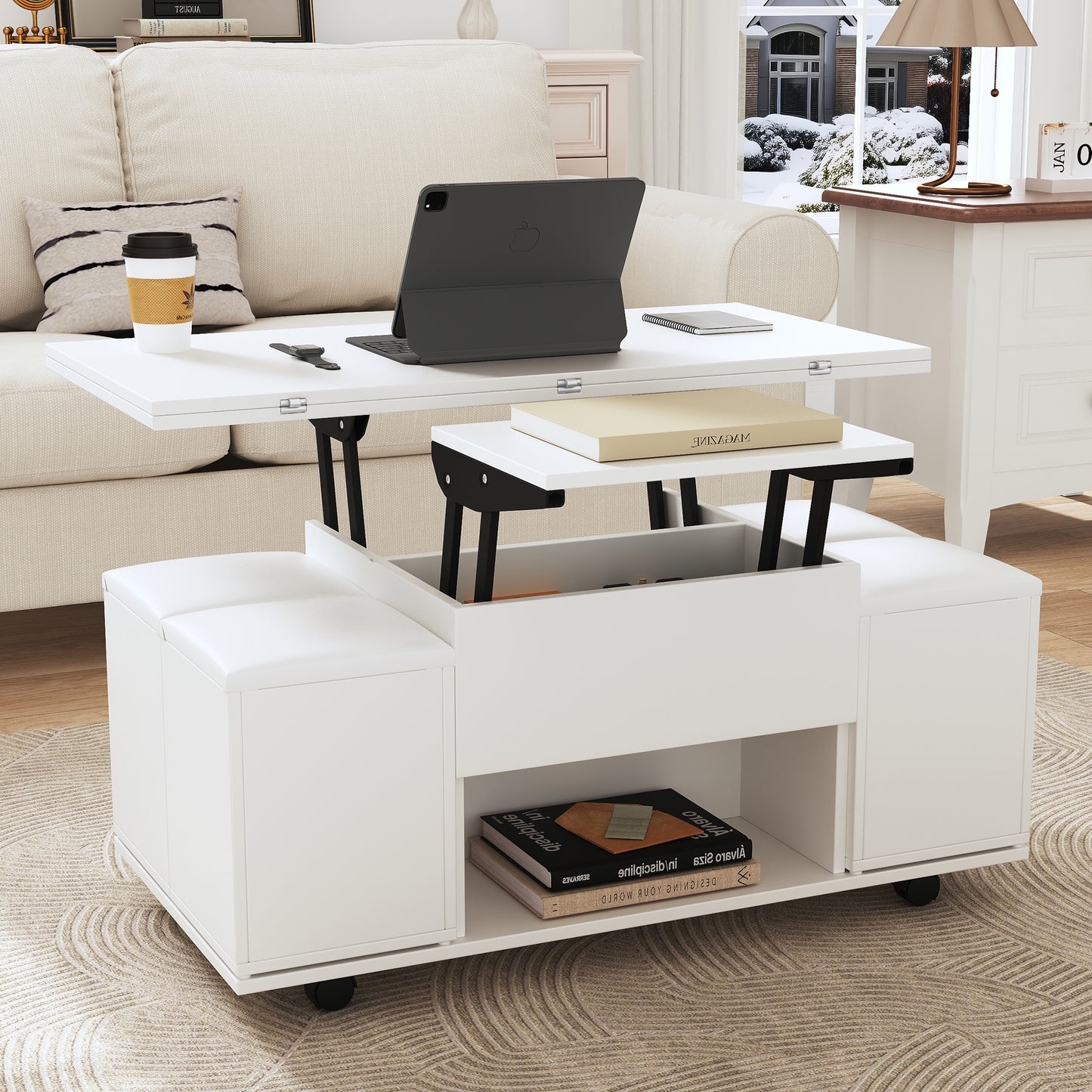 Product Change Liftable Multifunctional Coffee Table  The Desktop Can Open 2 Tables, White  White, Large Capacity, Modern Living Room Furniture, Office, Dining Table, Leisure Table, Multifunctional