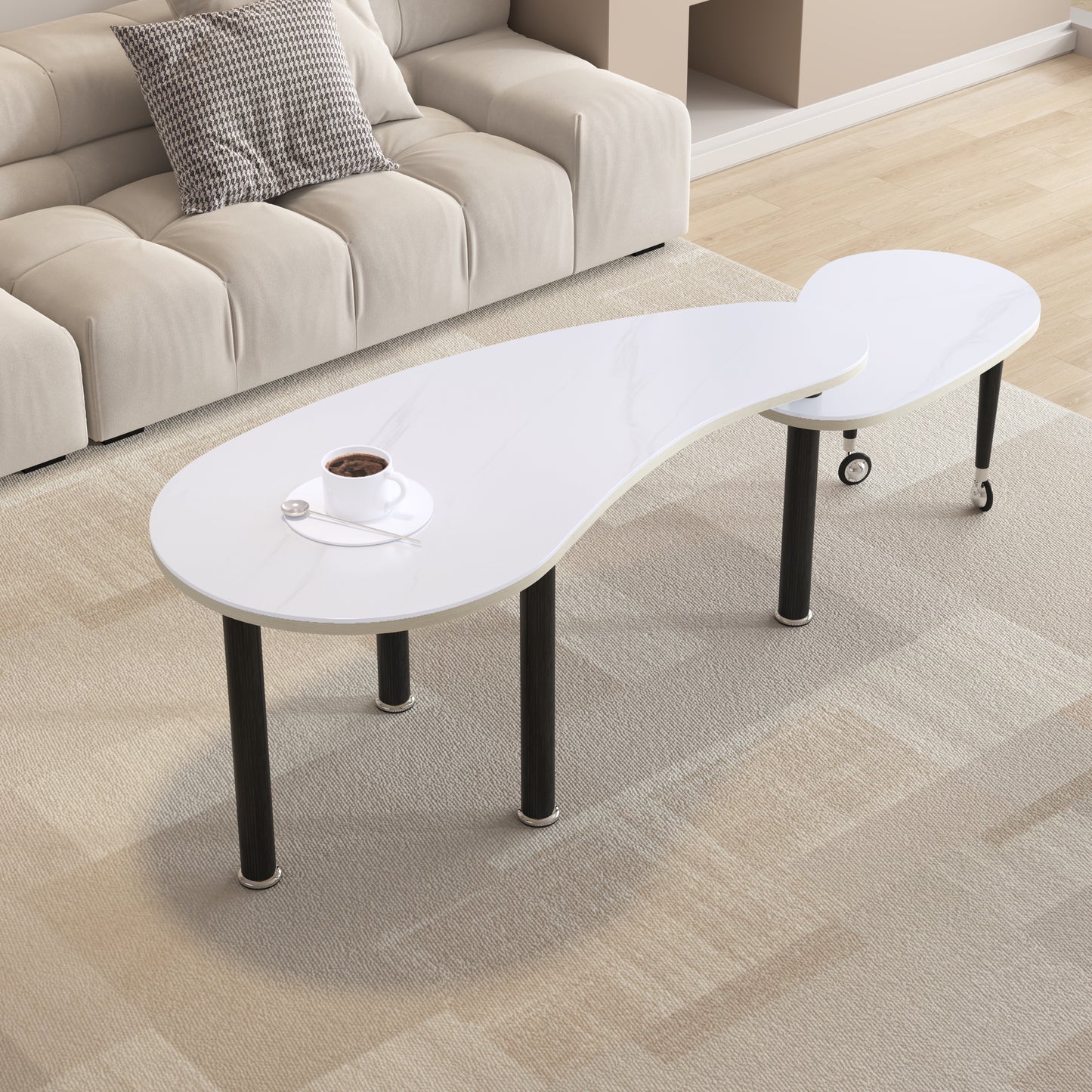 Contemporary Rotatable Cocktail Table With Solid Rubber Wood Legs, 360 Degree Rotating Coffee Table With 6mm White Sintered Stone Tabletop For Living Room, Bedroom, Balcony, Home Office