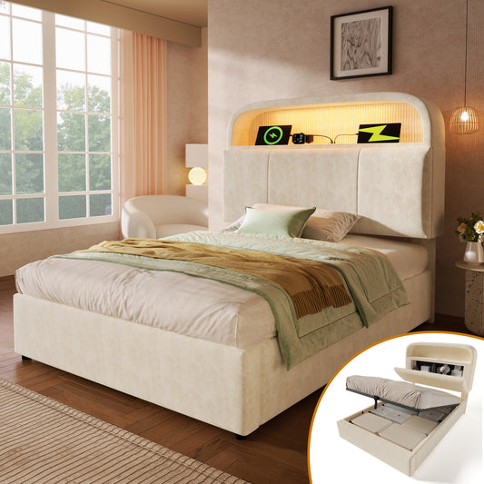 Upholstered Bed Single Bed 90x200 Cm With Height-adjustable Storage Headboard, Hydraulic Bed With LED Lighting & USB Type-C Charging Station, Velvet, Beige, Incl. Slatted Frame Without Mattress