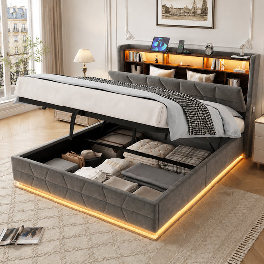 Multifunctional Bed With LED Lighting, Open Shelves, Side Pockets And USB Type-C Charging Station  Storage Headboard Plus Slatted Frame  300 Kg For Maximum Comfort.160X200cm Dark Grey