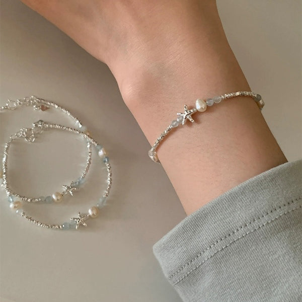 1 Piece 999 Sterling Silver Starfish Freshwater Pearl & Chip Bead Bracelet, Fresh & Elegant, Perfect For Daily, Dating & Gifting, Ideal Valentine's Gift