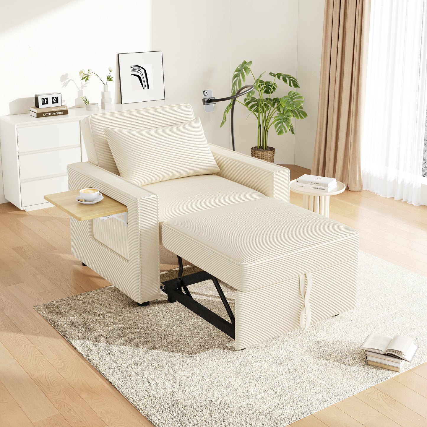 Multifunctional Foldable Sofa Bed With USB Charging Port And Mobile Phone Holder, 1 Seater Recliner Sofa Bed Convertible, Space Saving For Living Room And Bedroom, Corduroy Fabric, Beige