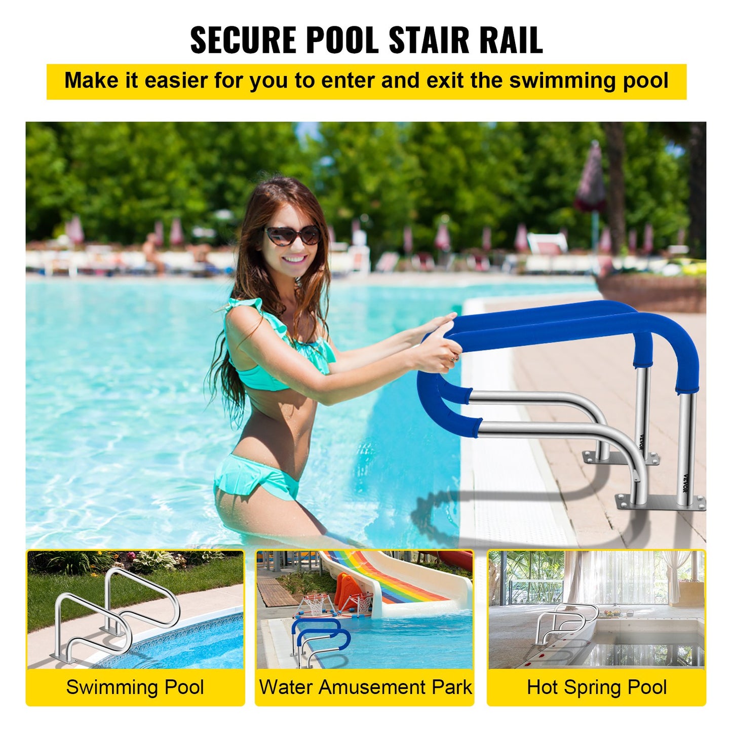 Pool Handrail, 32 X 22.5 Swimming Pool Stair Rail, 304 Stainless Steel Stair Pool Hand Rail Rated 375lbs Load Capacity, Pool Rail With Quick Mount Base Plate, And Complete Mounting Accessories