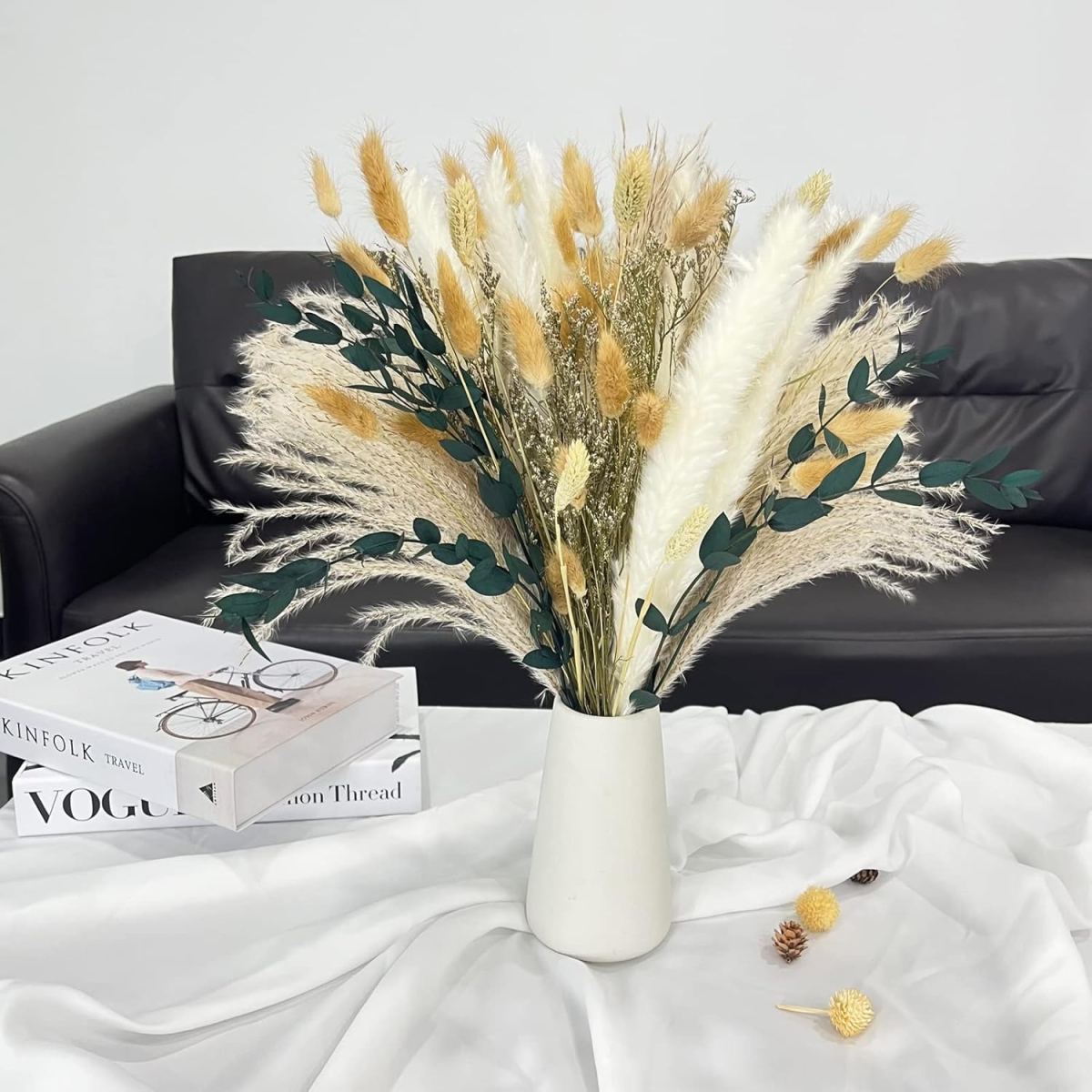 65-Piece Bohemian Artificial Pampas Grass Bouquet - Romantic Beige & White Pampas Grass Arrangement For Spring, Valentine's Day, Weddings, Home Decor, And Table Centerpieces; Seasonal Home Accent