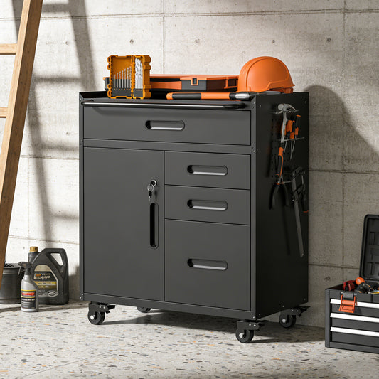 34.3 Mobile Tool Storage Cabinet - Garage Organizer With Lockable Compartment & 4 Drawers, Rolling Steel Chest For Workshop And Home Garage