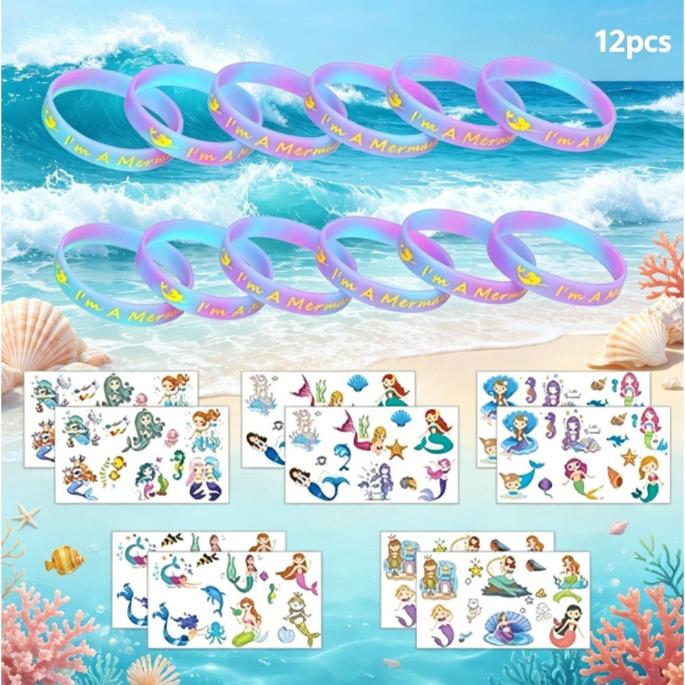 Set Of 12 Soft Mermaid Bracelets And 10 Decorative Stickers, Perfect As Party Accessories And A Stylish Gift – Party Accessory Set
