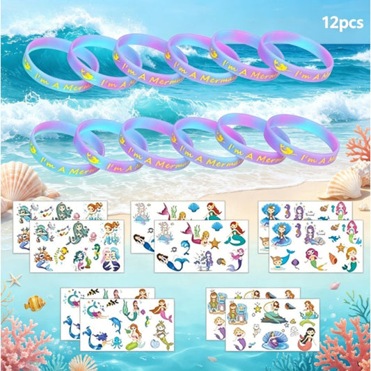 Set Of 12 Soft Mermaid Bracelets And 10 Decorative Stickers, Perfect As Party Accessories And A Stylish Gift – Party Accessory Set