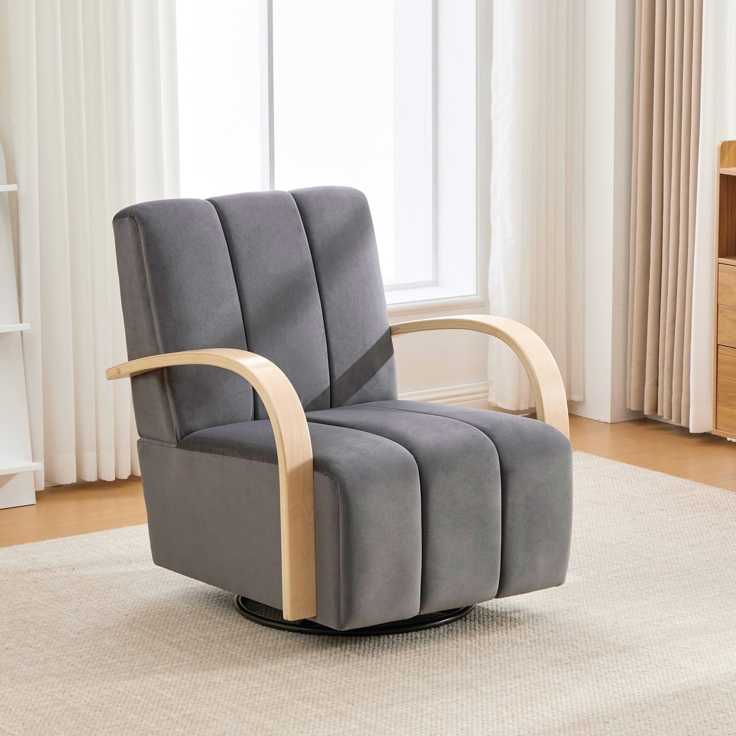 30.7 W Upholstered 360 Swivel Accent Chair With Solid Wood Armrests And Comfy Channel Tufted Lounge Reading Chair, Single Sofa Armchair For Hotel Bedroom Living Room Office And Bedroom. Charcoal