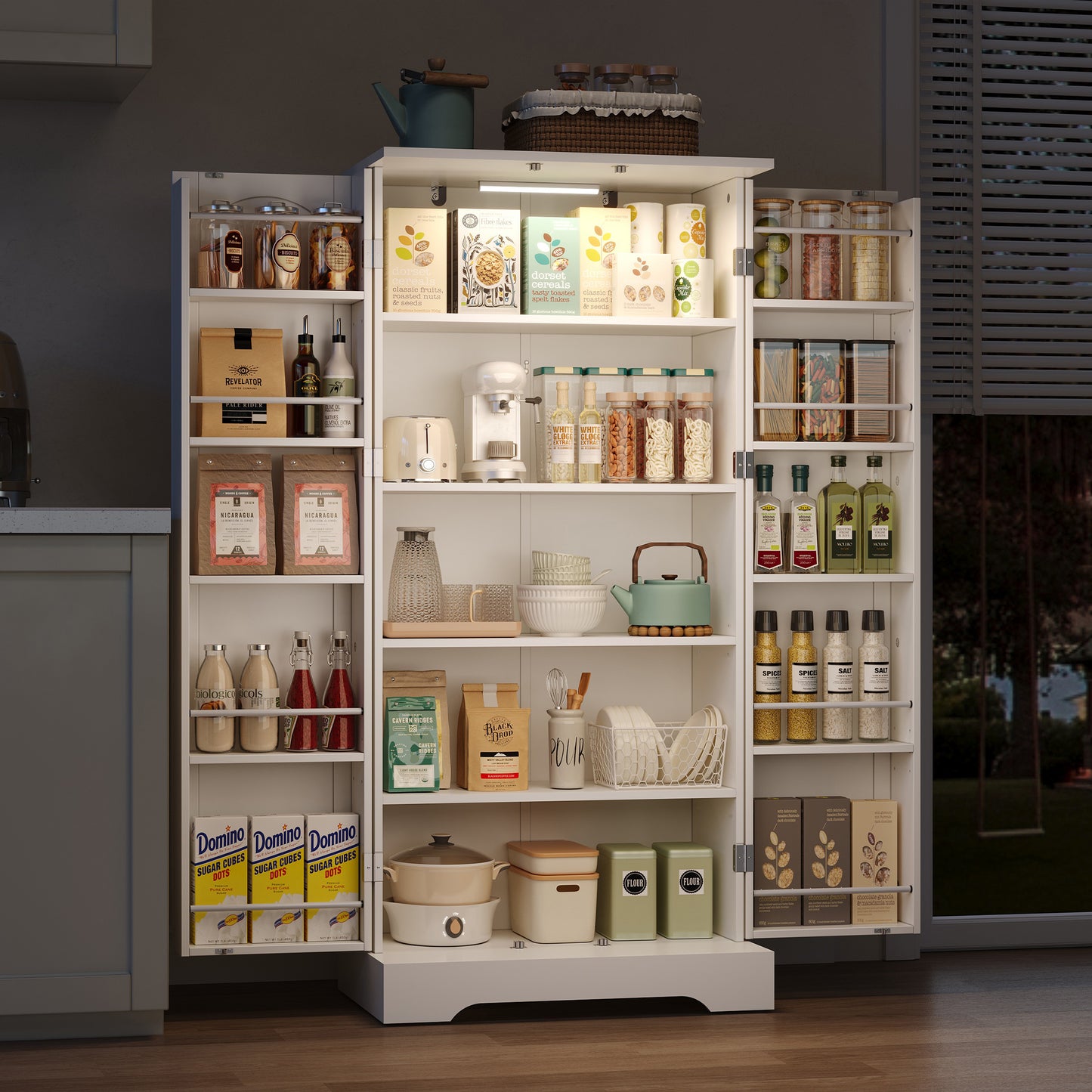 60x35x128cm, White, Multifunctional Kitchen Cabinet With LED Sensor Light, Height-adjustable Shelves, Double Door With Storage Compartment, Anti-tilt Device, Suitable For Kitchen, Living Room And Dini