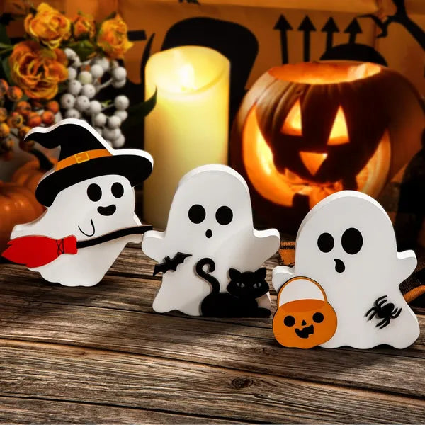 Ute Ghost Halloween Decorations Indoor, Wooden Tiered Tray Decor Table Sign Set Of 3, Black Cat Bat Witch Broom Signs Pumpkin Blocks For Party Home Shelf Display