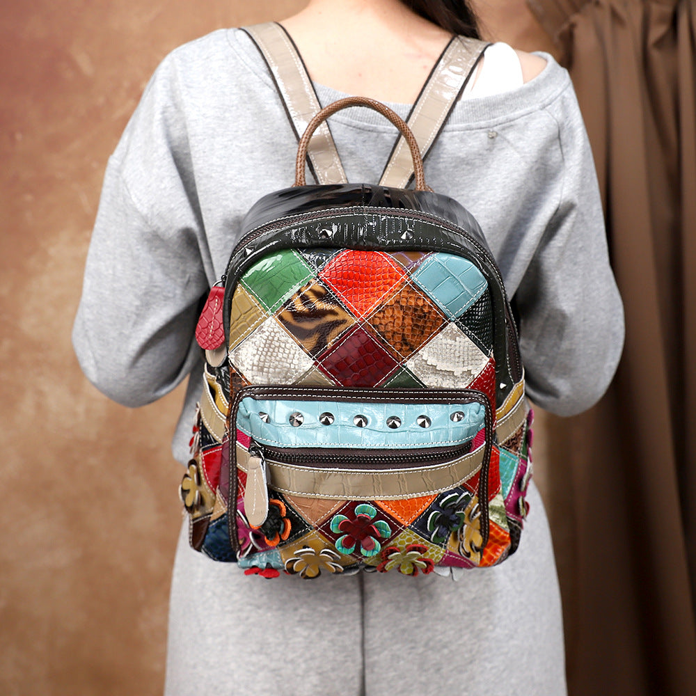 New Ethnic-style Patchwork Color-block Backpack, Genuine Leather