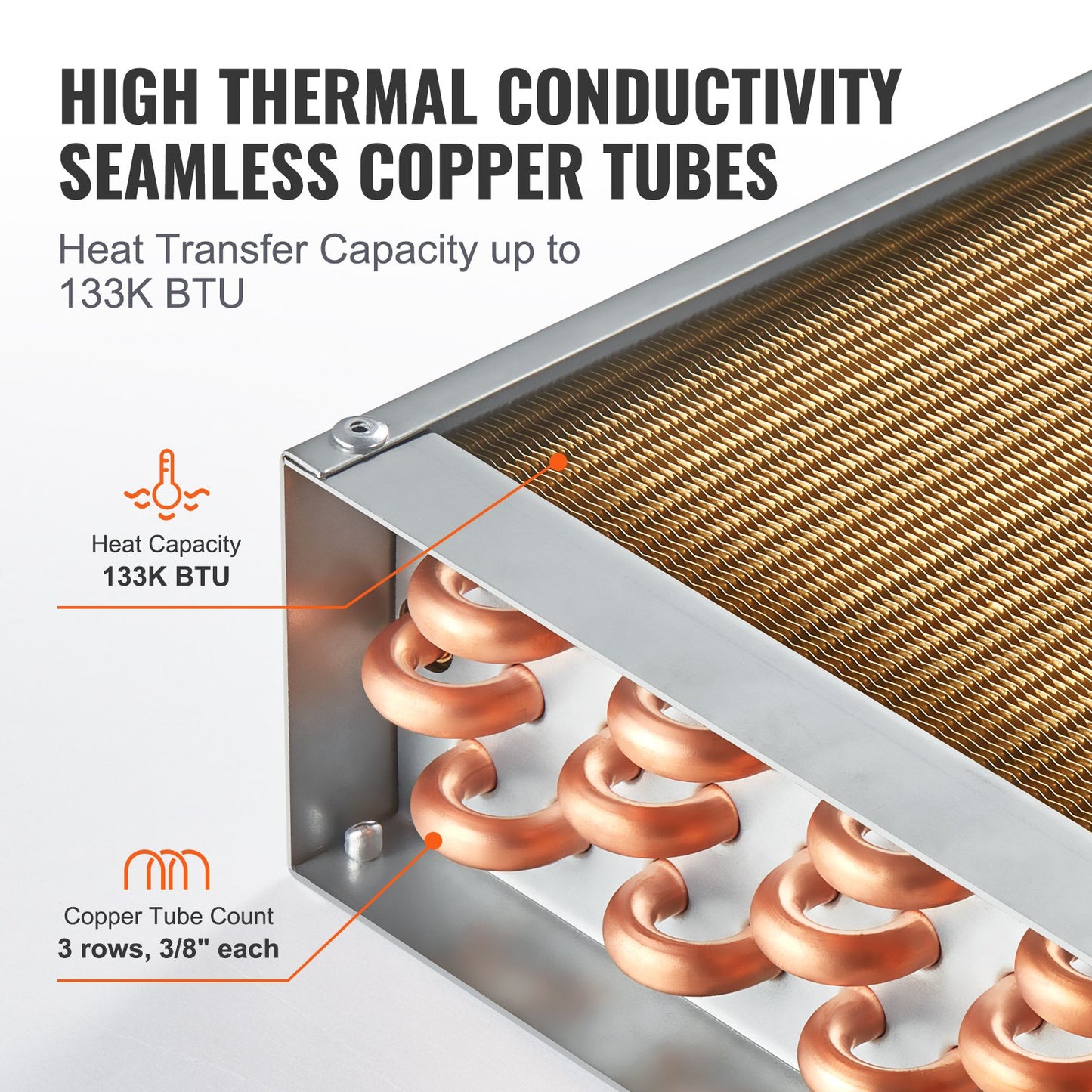 Heat Exchanger Water To Air, 18"x 20" With 3-Row 3/8" Copper Ports, 242 Aluminum Fins Heat Exchanger For Outdoor Wood Furnaces, Residential Heating And Cooling, And Forced Air Heating