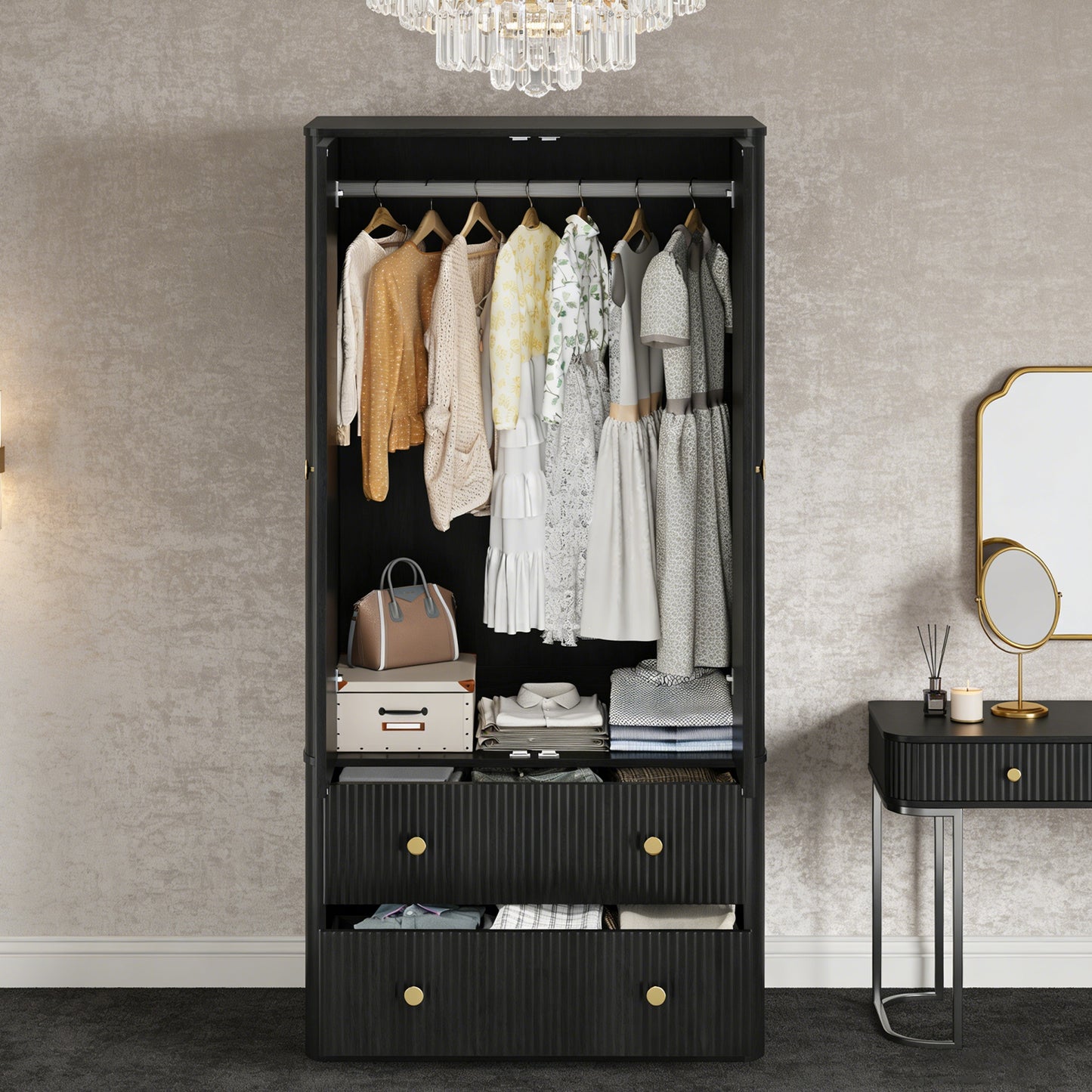 Clothing Wardrobe 2 Doors 2 Drawers Elegant Wave Pattern Wooden Freestanding Large Capacity Storage Cabinet For Bedroom Living Room Office