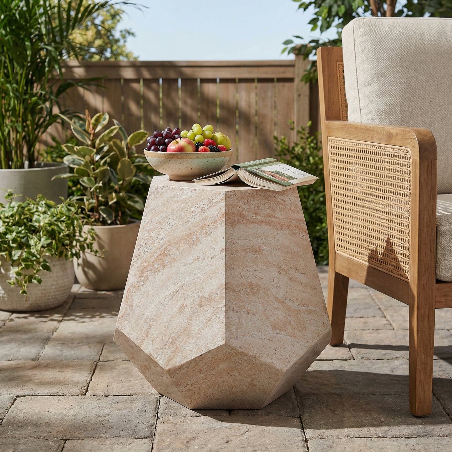 Outdoor Indoor Lightweight Concrete Side Table,Hexagonal Round Travertine Accent Table