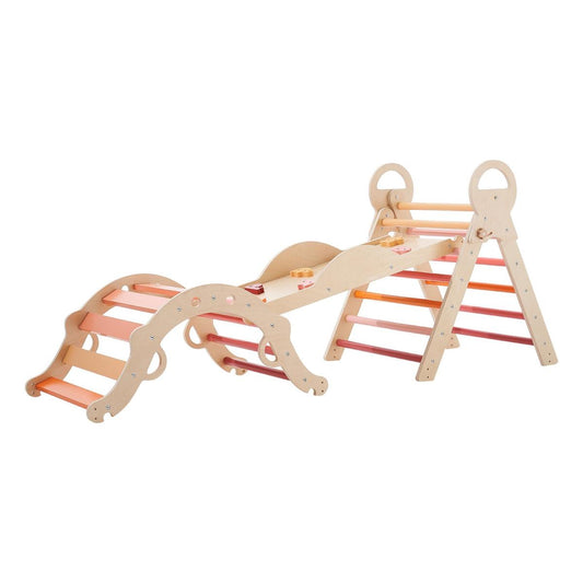 Pikler Triangle Set, 9-in-1 Toddler Climbing Toys Indoor, With 2 Wooden Cars, Cushion, Triangle, Arch, And Ramp, 150 Lbs Load, Foldable Montessori Climbing Set For Toddlers And Kids, Orange