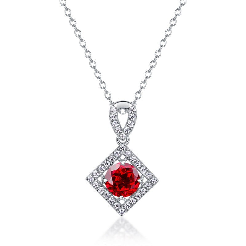 S925 Sterling Silver Lab-Grown Ruby Necklace, 6.5mm Round Gemstone Diamond-Shaped Halo Pendant, 45cm Chain, Women's Jewelry Gift Box