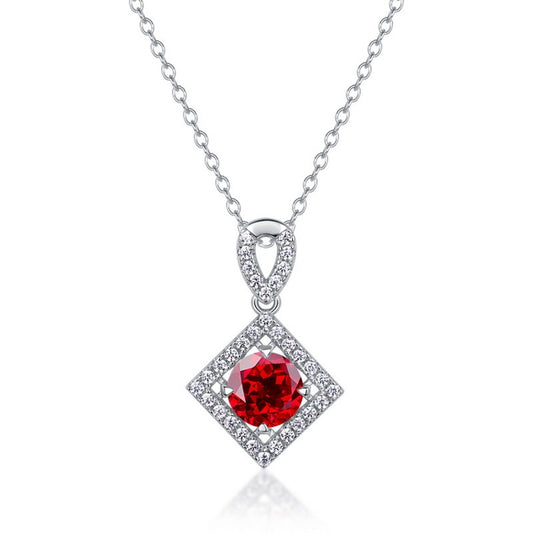 S925 Sterling Silver Lab-Grown Ruby Necklace, 6.5mm Round Gemstone Diamond-Shaped Halo Pendant, 45cm Chain, Women's Jewelry Gift Box