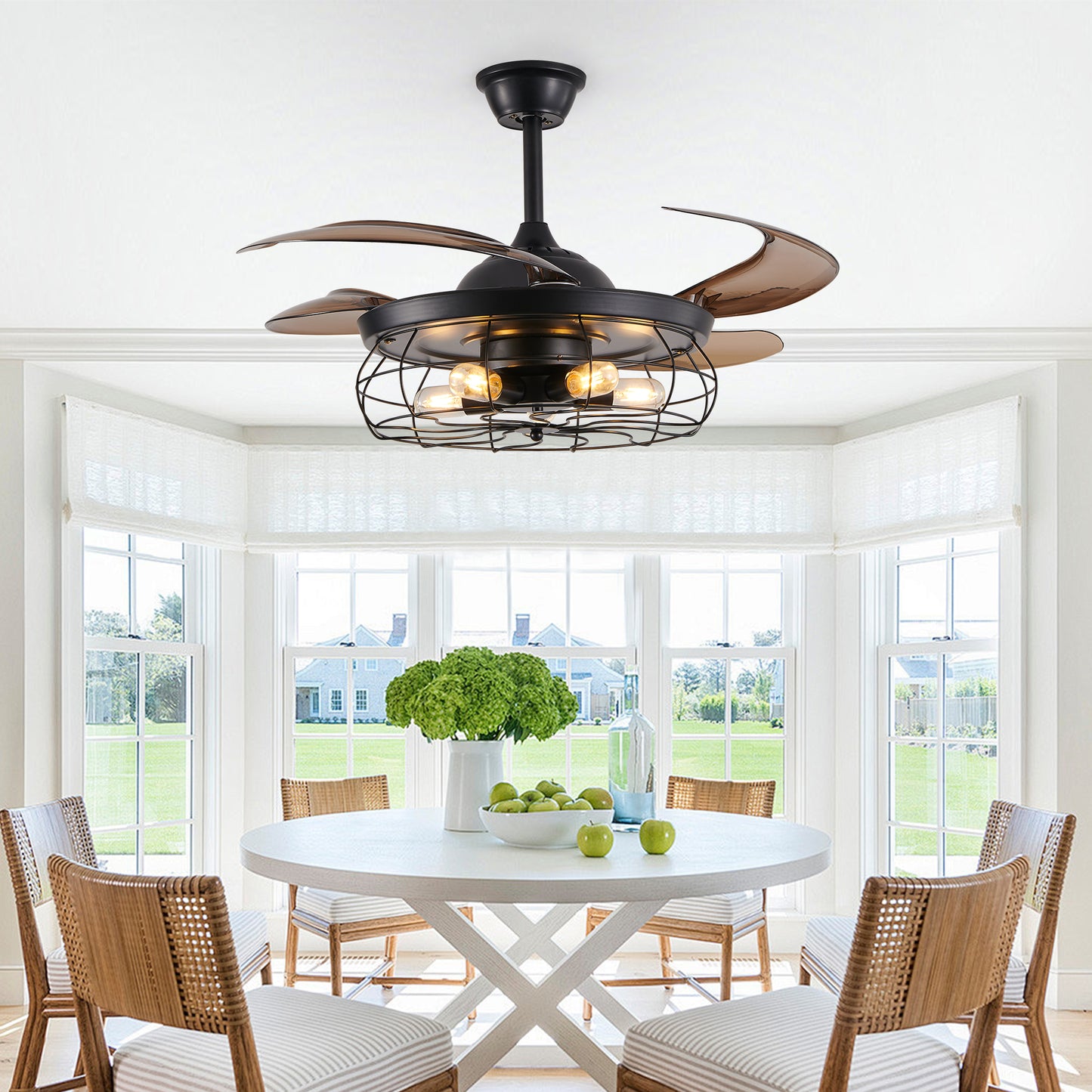 48  Black Remote Control Ceiling Fan Light   Industrial 4-Blade Fan With Cage Design And Adjustable Speed For Living Room, Bedroom, Or Office  Silent 6-Speed Reversible DC Motor Bulb Not Included