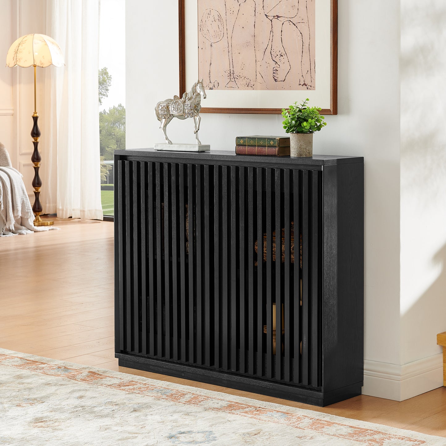 Mid Century Modern Fluted Hollowed Out Sideboard Cabinet With 2 Outlet Holes, Buffet Cabinet With Storage, Black Storage Cabinet For Living Room, Entryway, Hallway, Dining Room, Kitchen