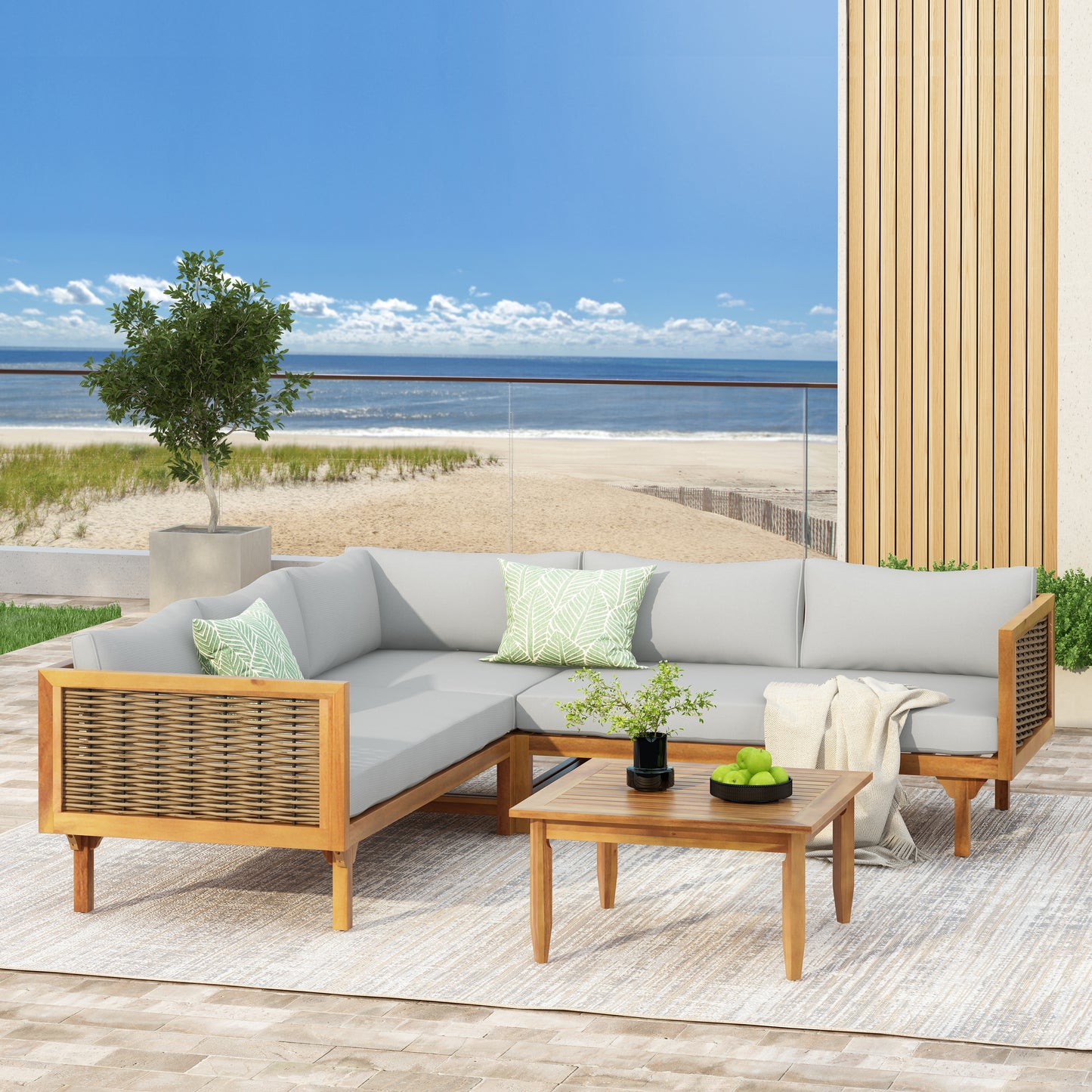 SECTIONAL SEATING GROUP WITH WATERPROOF CUSHIONS - PREMIUM OUTDOOR SOFA SET LIGHT GRAY CUSHION