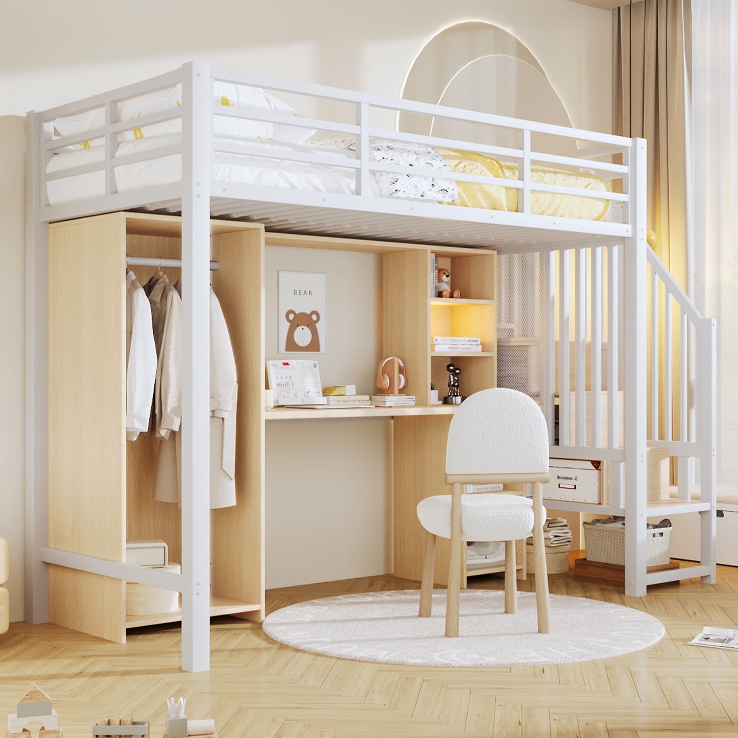 Loft Bed, 90 X 200 Cm, Iron Frame, With Storage Space, Wardrobe, Desk, Staircase Constructions With Storage Space, Without Mattress, White