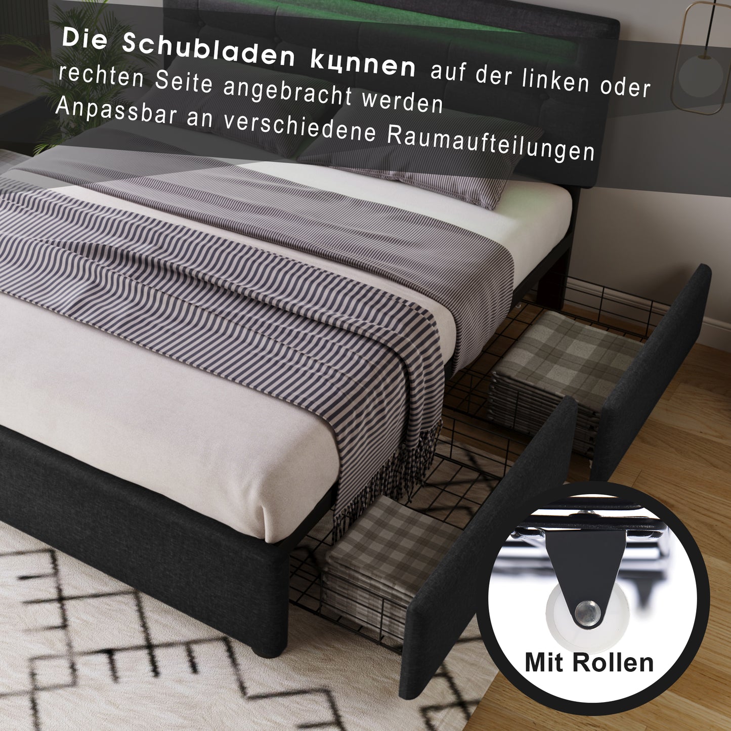 Bed Frame With LED Lighting And 4 Drawers, Double Bed Upholstered Bed 140x200cm, Height-adjustable Headboard, Wooden Slatted Base, Black  Without Mattress