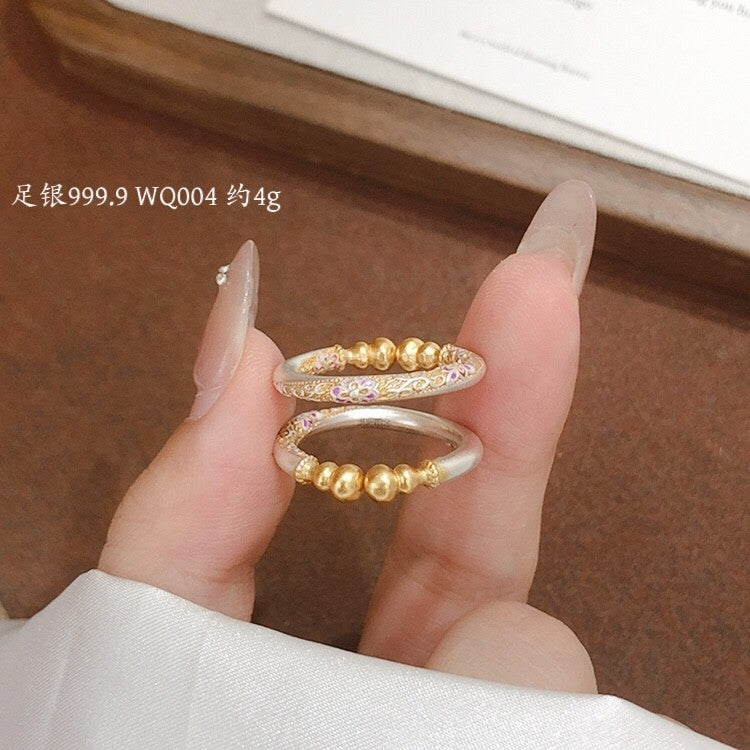 9999 Fine Silver Gourd Ring, Solid Adjustable Gold-rim Sakura Chinese Style Ring, Gift For Her