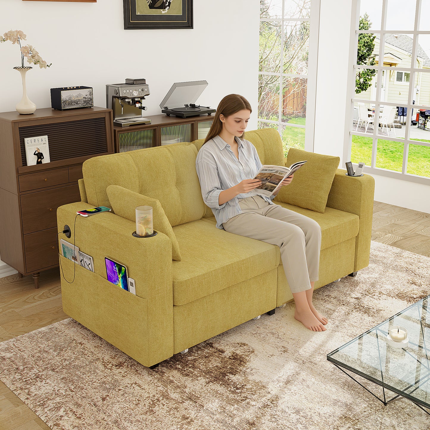 Two-seater Sofa With Two Storage Drawers And USB Charging Ports, With Cup Holders And Side Pockets, Equipped With Hidden Storage Compartments. Suitable For Living Rooms, Apartments And Reading Corners