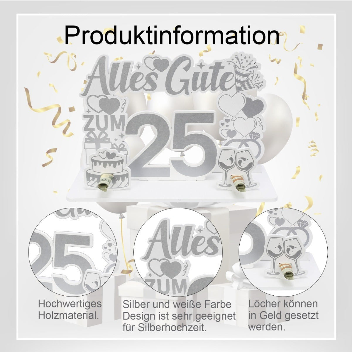 Silver Wedding Anniversary Money Gift Set (Wood) - 20 White Heart-Shaped Wooden Plates With 25 Gift Holders - Decoration For Anniversary Celebrations - Party Decorations