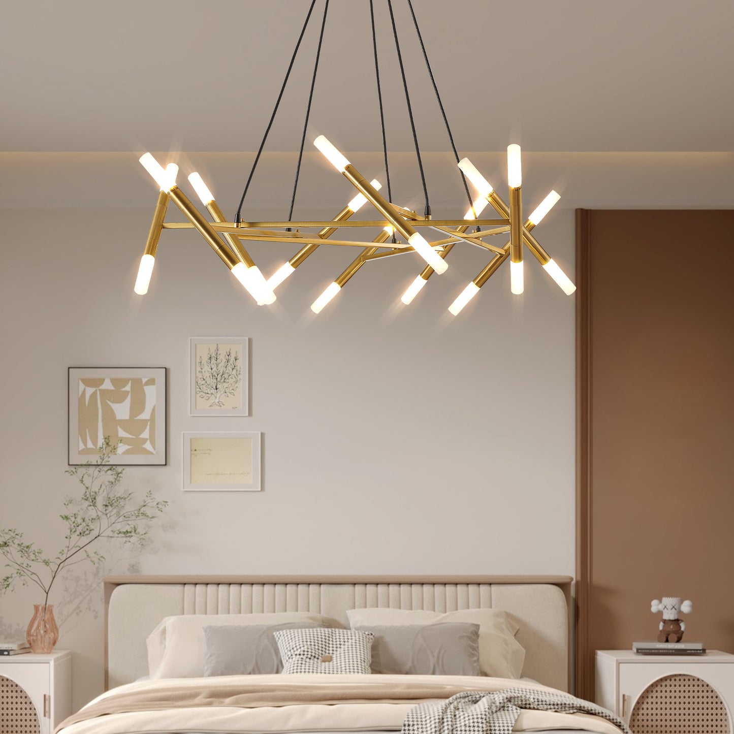 41  Golden Modern Chandelier Light Fixture, Branch Design With Frosted Tubes, Black Cords, Adjustable Height Pendant Light For Dining Room, Living Room, Or Kitchen Island Bulb Not Included