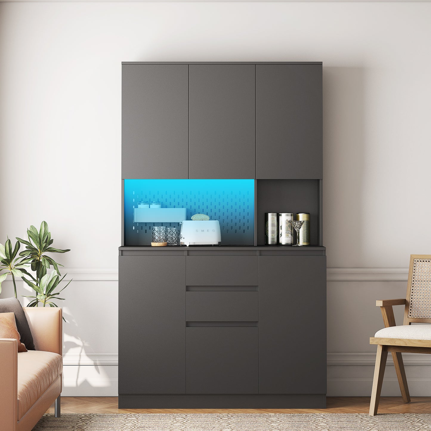 74  Freestanding Kitchen Pantry Cabinet Cupboard With 6 Doors,3 Shelves And 2 Drawer,Versatile Wardrobe & Kitchen Cabinet,Craft Storage Cabinet,Laundry Room Storage For  Kitchen Black
