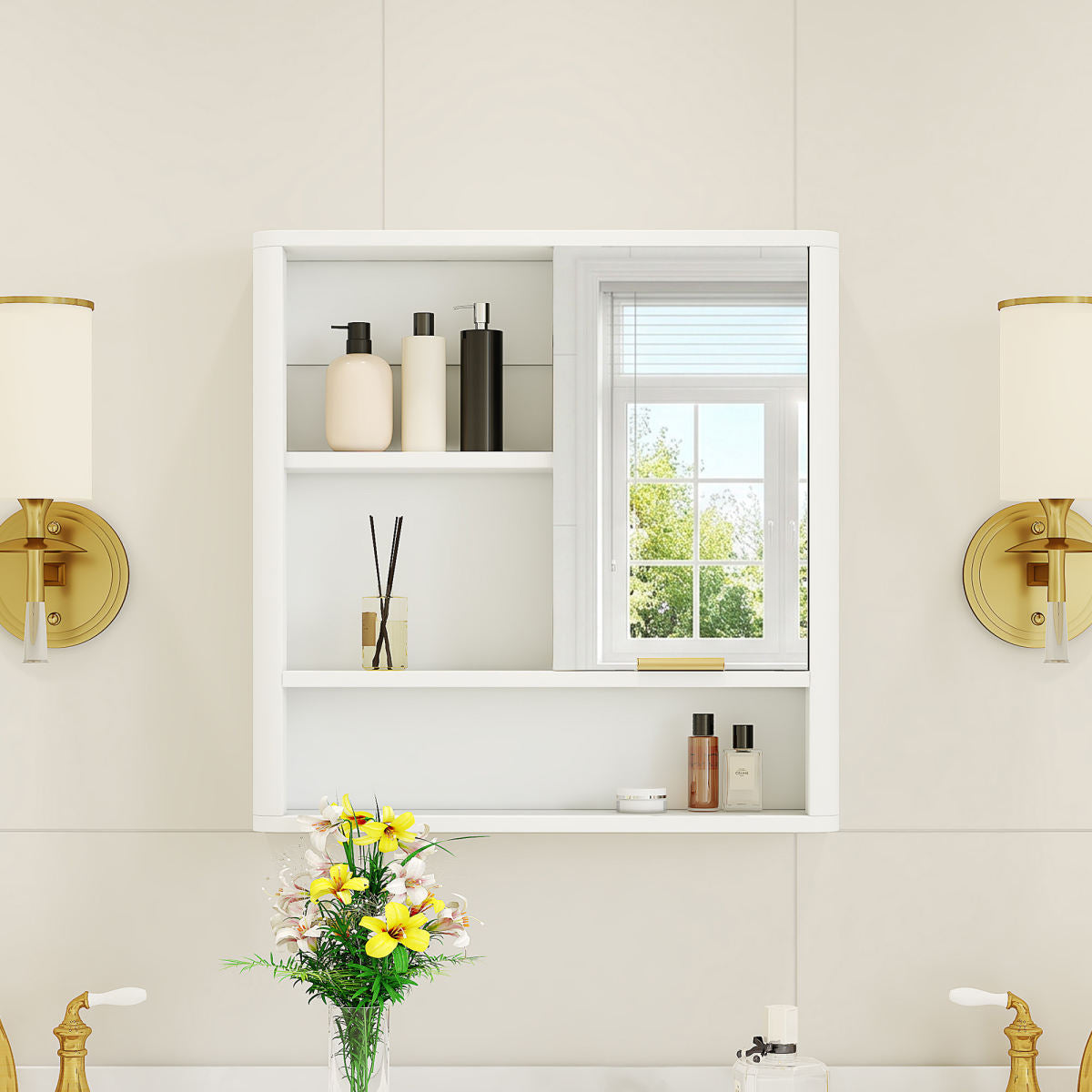 Modern Bathroom Mirror Cabinet, Wall Mounted Storage Cabinet With Open Shelves, Waterproof Medicine Cabinet With Gold Accent, Space Saving Vanity Organizer For Bathroom, White