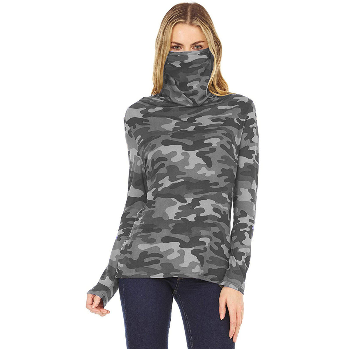 Women Camo Print Long Sleeve Turtleneck Shirts With Built-in Face Mask, Stretchy Lightweight Neck Gaiter Pullover Outdoor Windproof Tops