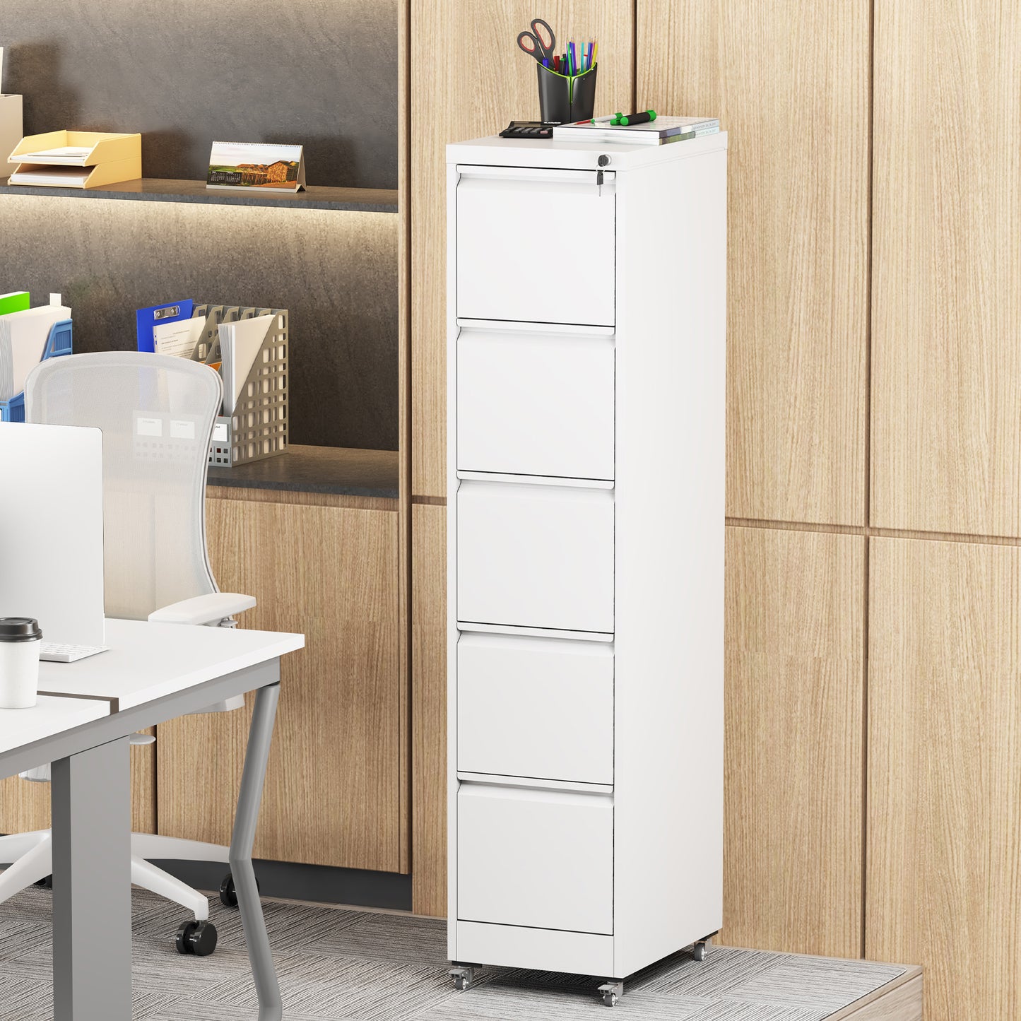 5 Drawer Metal Vertical File Cabinet With Lock On Wheels For Home Office,Heavy Duty Metal Storage Cabinet For A4 Letter Legal Size Files, White, 17.71 Dx15.16 Wx64.17 H