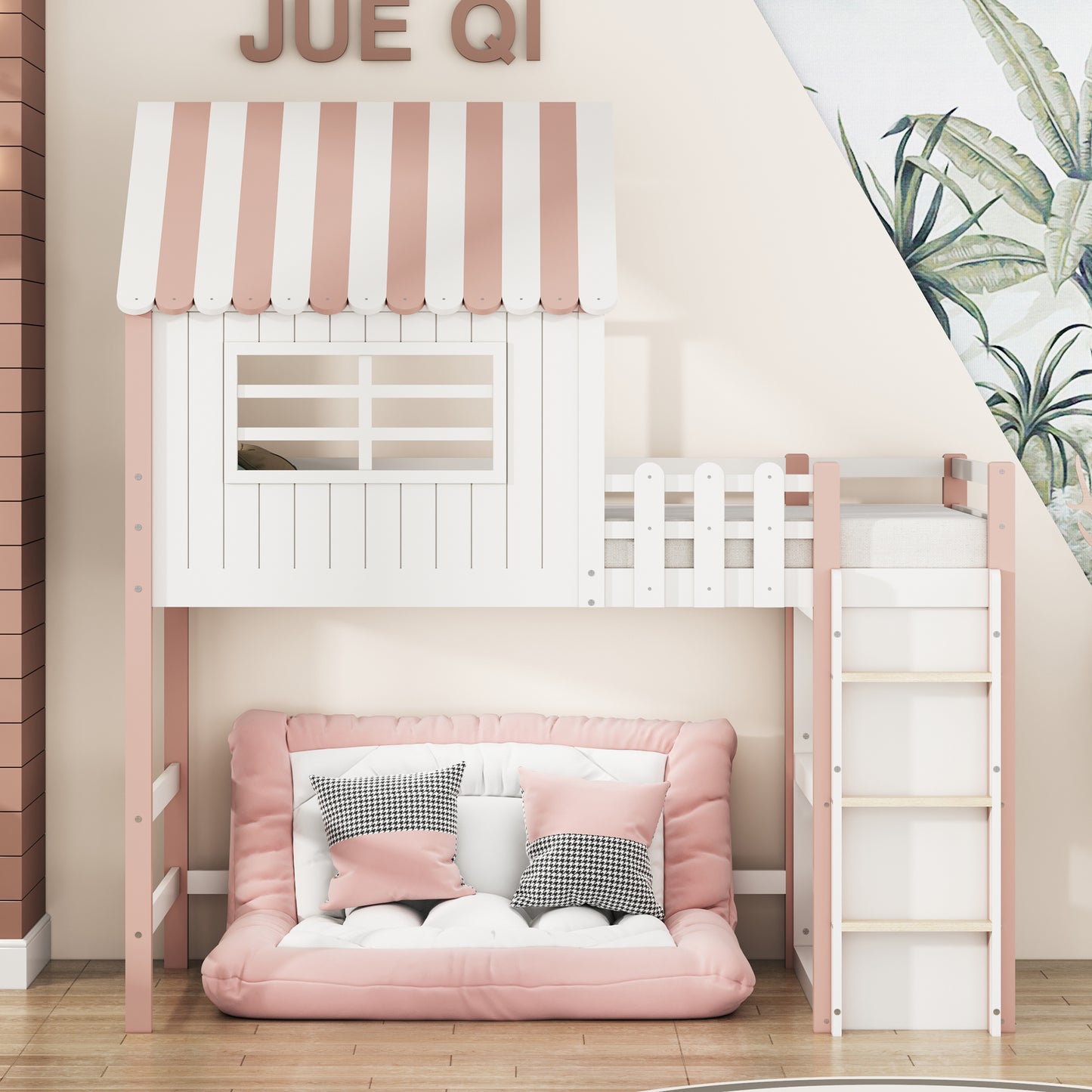 Children's Bed 90x200 Cm High And Low Bed For Boys And Girls Home Bed Roof Shape With Safety Ladder With Storage Compartment Multifunctional Bed Solid Wood Bed With Slatted Base Pink