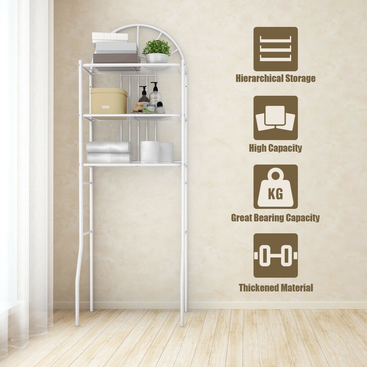 3-Tier Bathroom Rack Over-the-Toilet Storage Rack With 3 Shelves