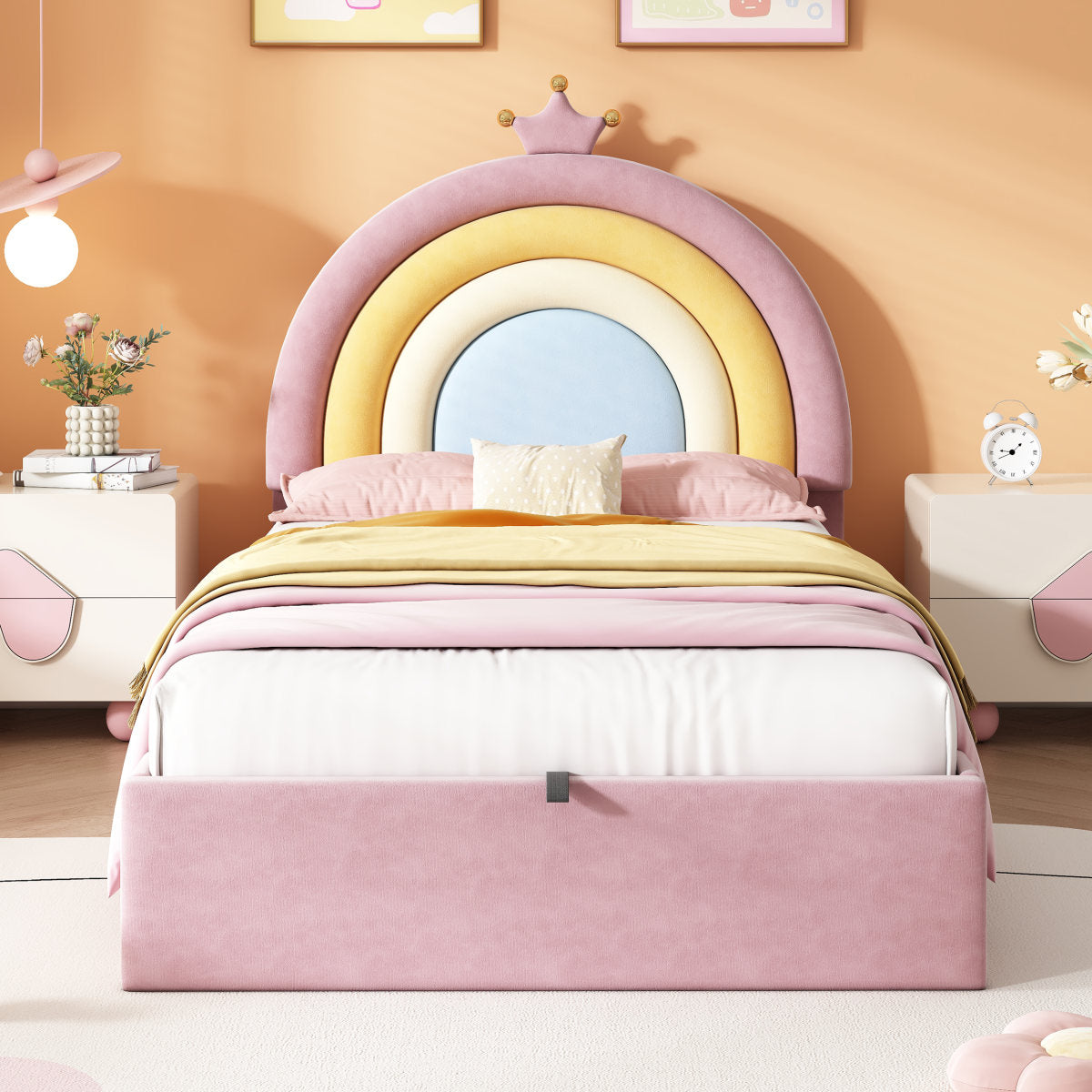3ft Single Upholstered Hydraulic Bed With Adjustable Rainbow Headboard, Soft Velvet Bed Frame With Hydraulic Storage, Stylish Rainbow Headboard With Crown, No Box Spring Needed, Pink.   No Mattress