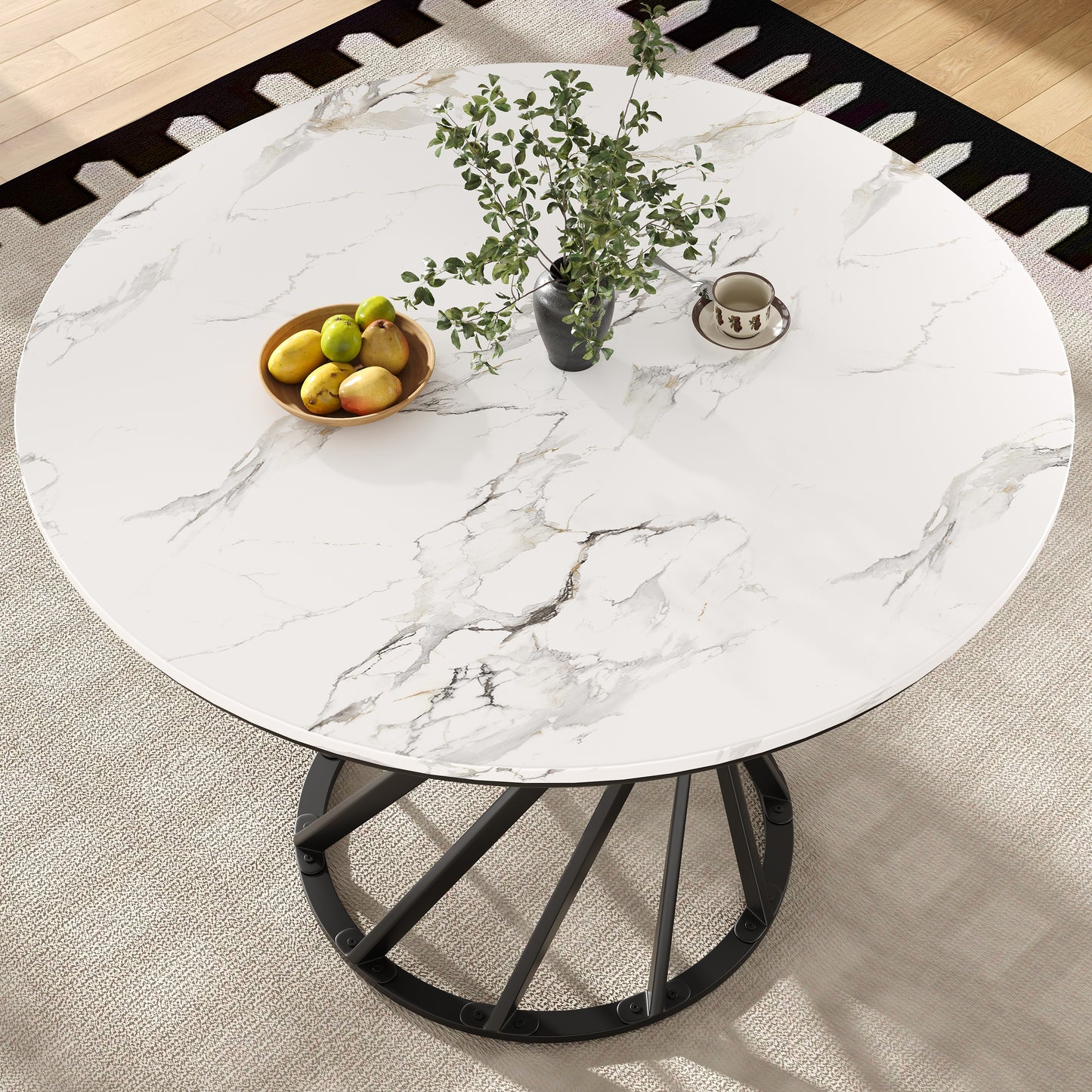 Round Dining Table  80x80x76cm , Kitchen Table, Round Coffee Table For 4, Suitable For Dining Room, Living Room, Metal Table Legs, MDF Marbled Table Top, Black Table Legs