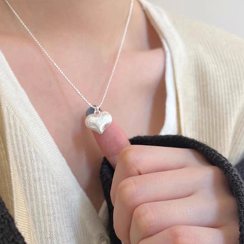 1pc 999 Sterling Silver Matte Heart Pendant Ball Chain Necklace, Minimalist Sweet Style, Perfect For Daily Wear & Valentine's Gifts