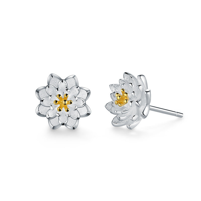 Silver Earrings Cat Lotus Flower Korean-style Fashionable Simple Silver Jewelry Ear Accessories