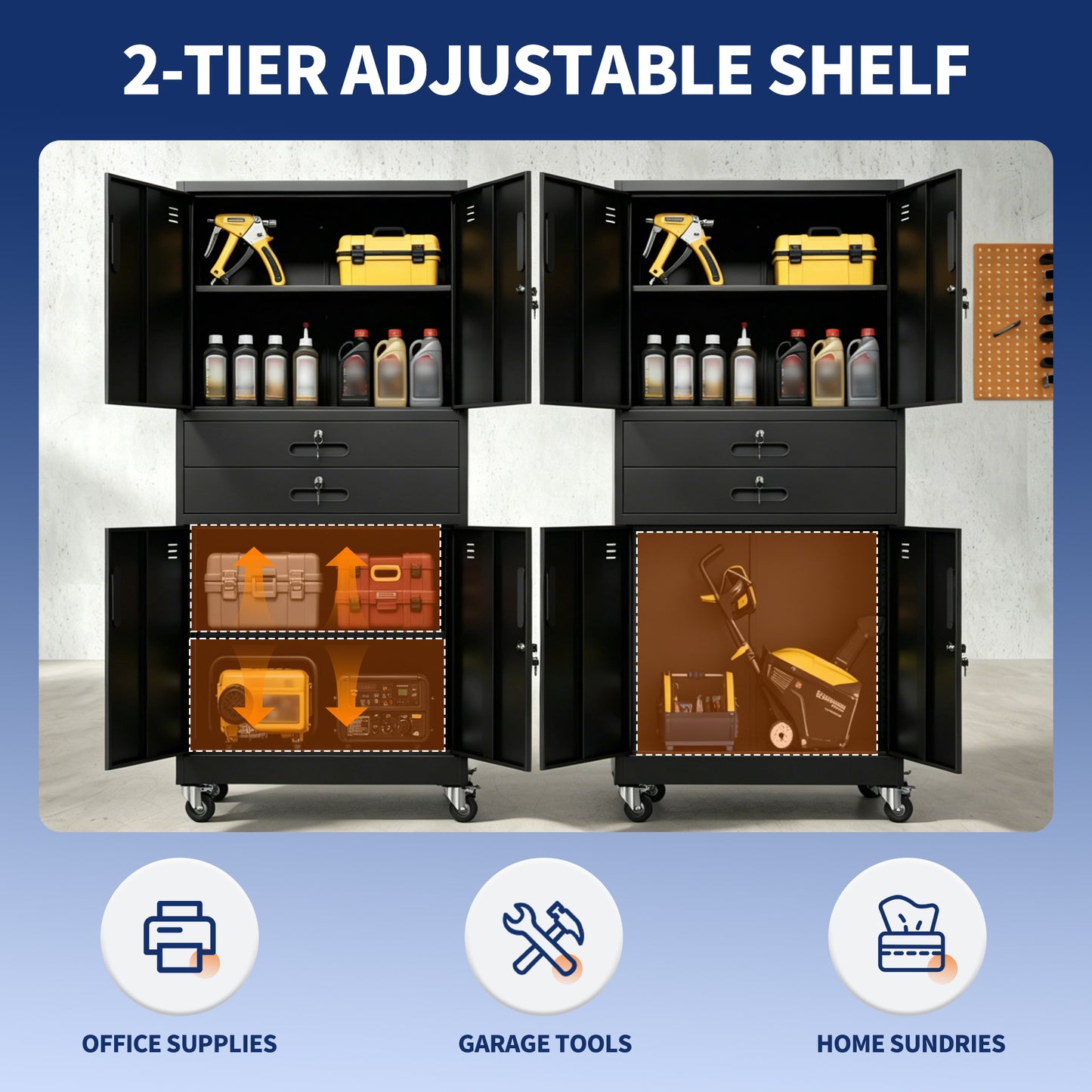 Metal Storage Cabinet With Two Drawers, 71  Garage Cabinet With Locking Doors And 2 Adjustable Shelves, Heavy Duty Tool Cabinet With Pegboard, 8 Hooks & Rolling Wheels For Home Office Utility