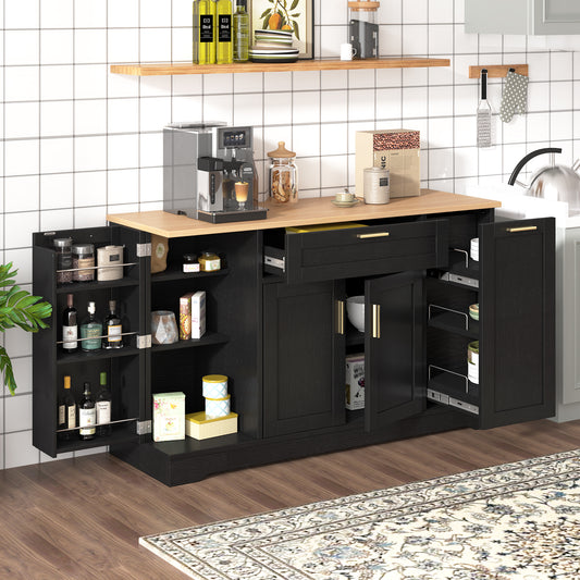 TREXM Multi-Functional Storage Sideboard  Extendable Dining Table  Adjustable Shelves  3-Tier Pull-Out Rack  Kitchen Island Storage For Kitchen  Dining Room  Living Room  Black