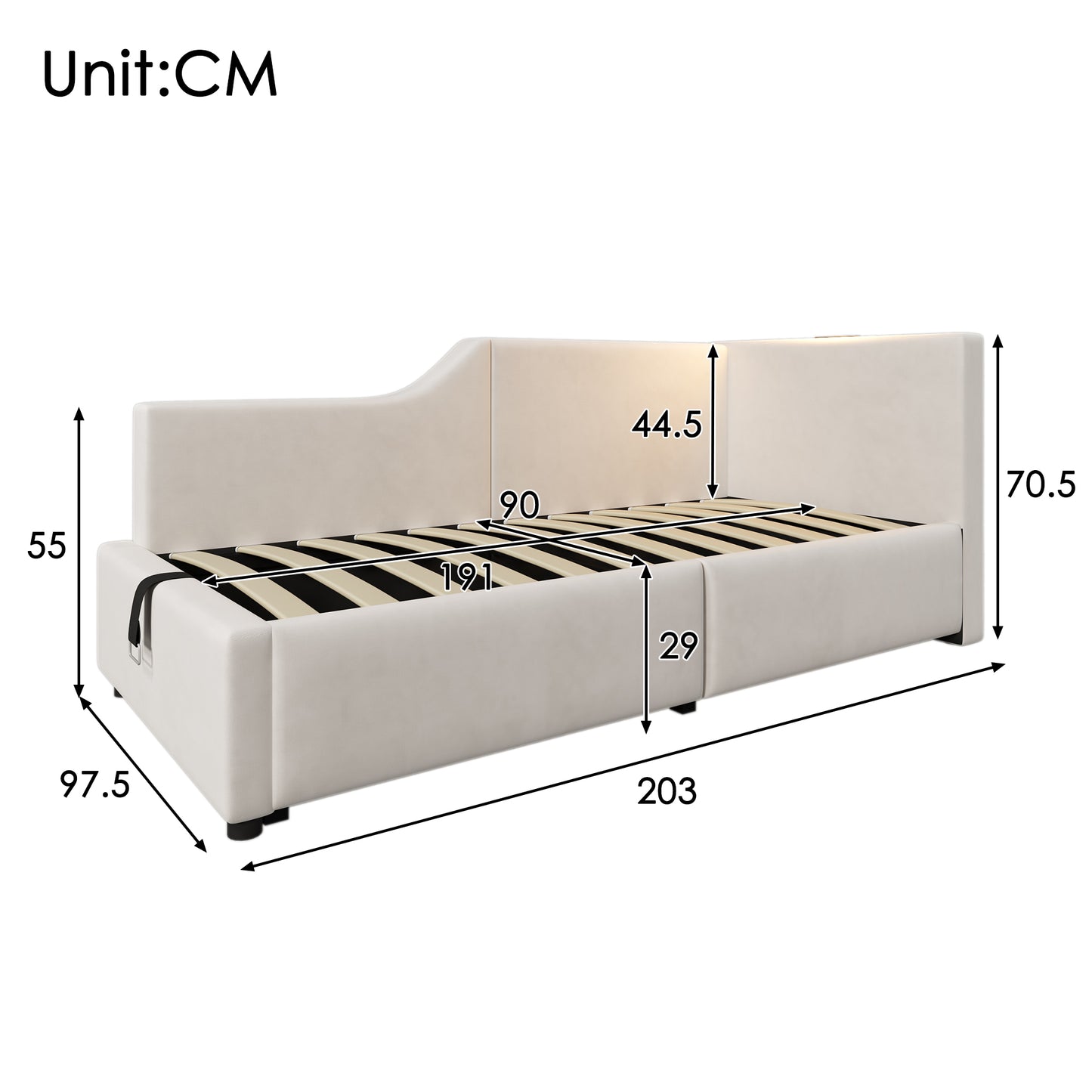 Upholstered Bed Daybed Daybed 90x190cm, Sofa Bed With Hydraulic Storage Space, Reading Light Function And USB-C Charging Function, Children's Bed Bed Frame With Slatted Base Made Of Wood, Velvet, Beig