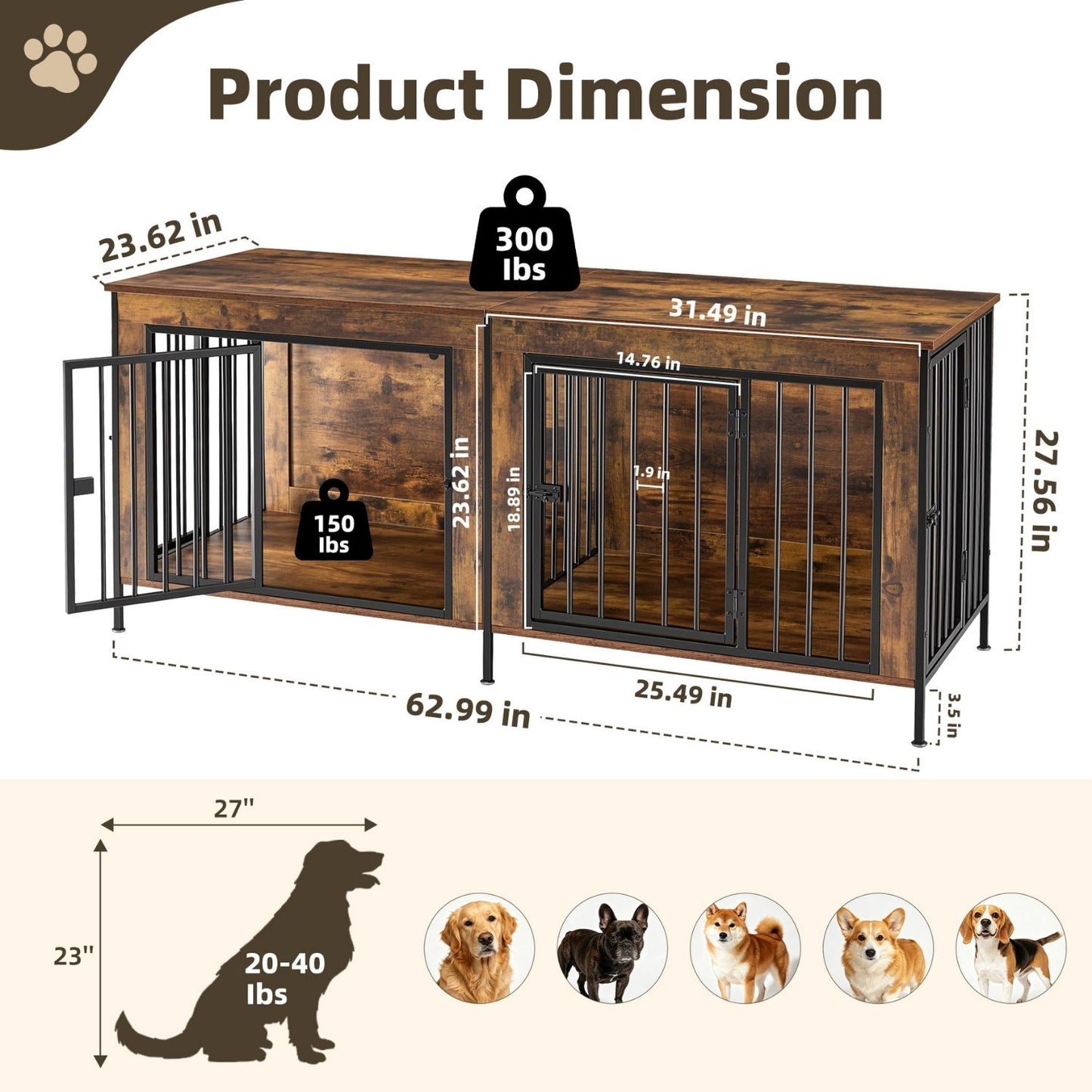 Double Dog Crate Furniture With Divider, Heavy Duty Pet Kennel End Table TV Stand, Extra Large Double Door