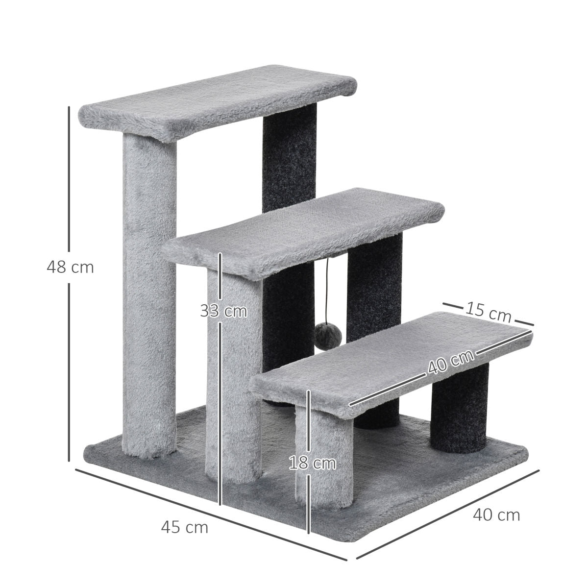 PawHut 3-step Pet Stairs With Scratching Posts, Platforms, Toy Ball, Grey
