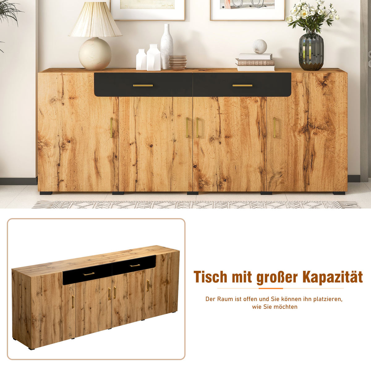 Sideboard, Kitchen Cabinet, Storage Cabinet, 208 X 39.5 X 80 Cm, Unit With 4 Doors And 2 Drawers, Sideboard Buffet