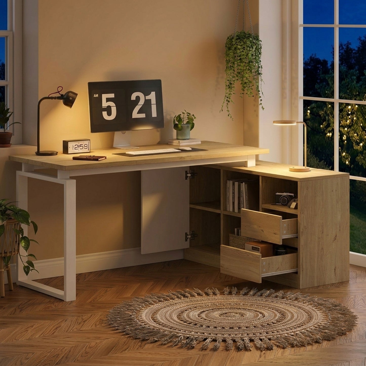 L-shaped Desk, Office Table, With 2 Drawers, 3 Open Shelves, 1 Closed Cabinet, Adjustable Shelves, Natural Wood Color  White.