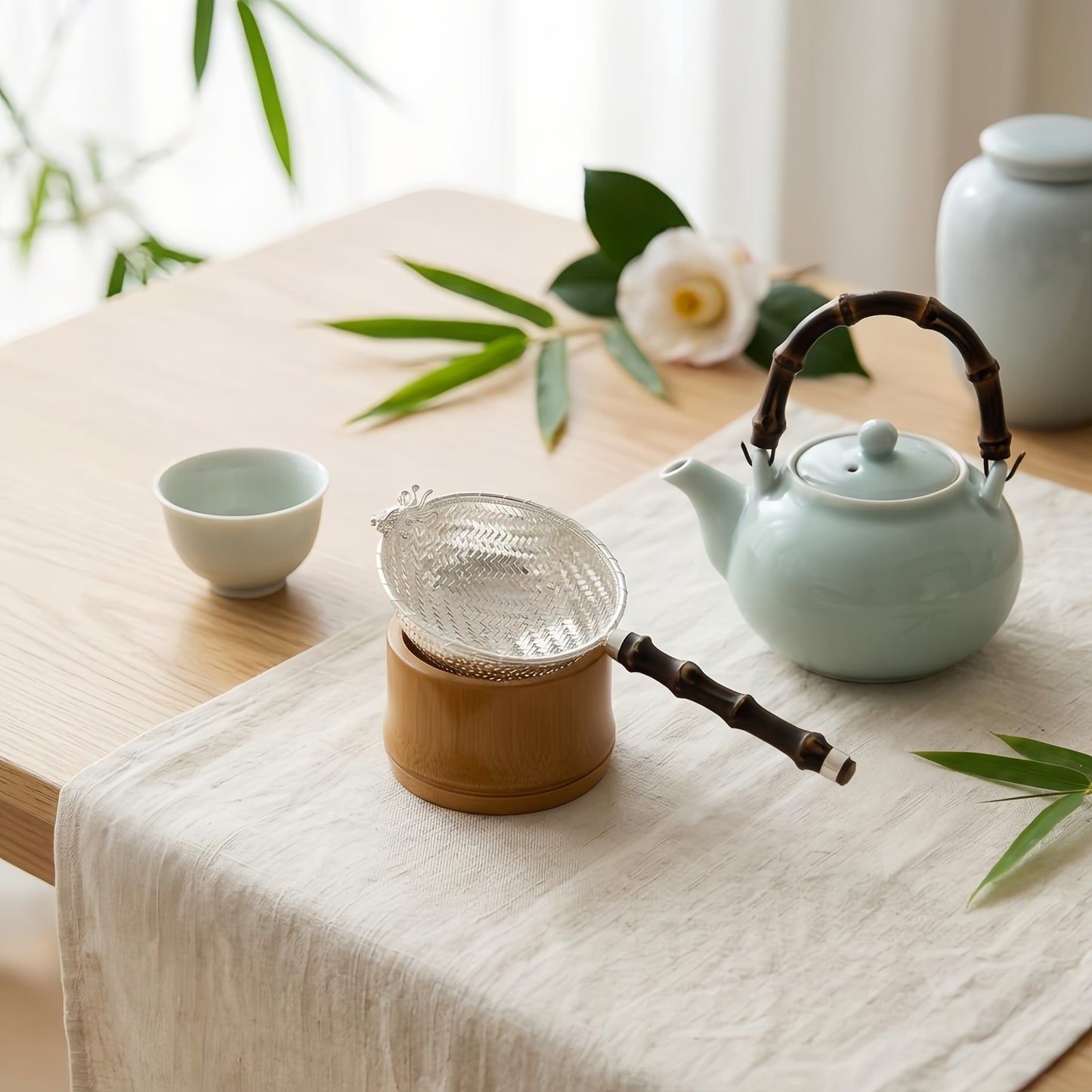 Pure 999 Fine Silver Elegant Silver Tea Strainer with Woven Mesh Basket and Bamboo-Style Wooden Handle - Handicraft