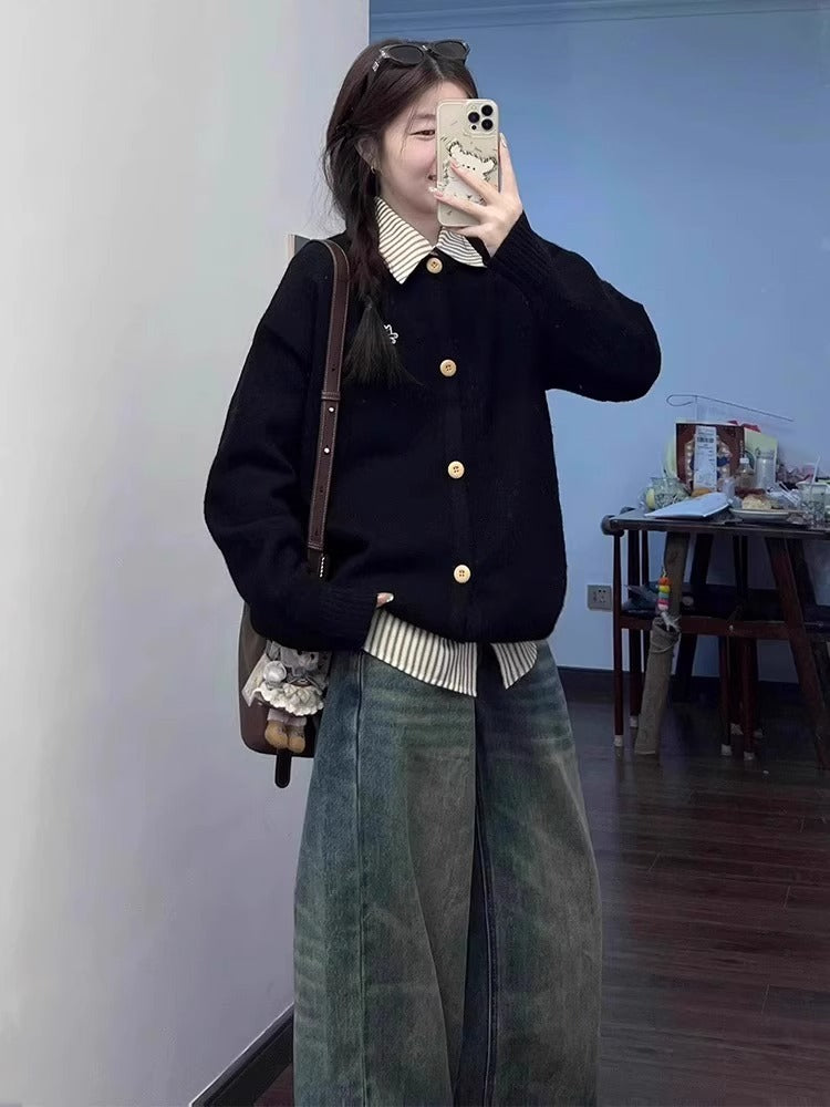 Korean Style Fake Two-piece College Style Shirt Collar Sweater Women's Coat